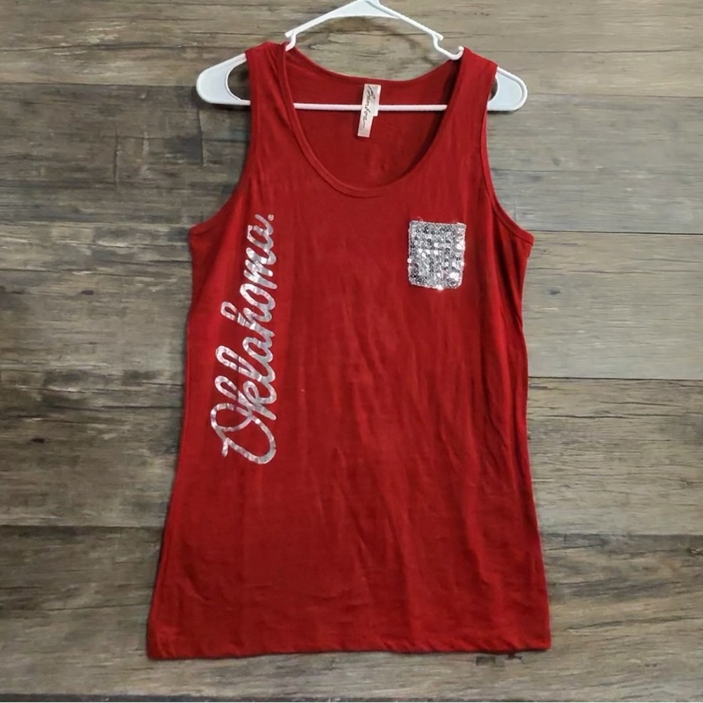 BAMBOO Red Tank Top with Oklahoma Print in Silver